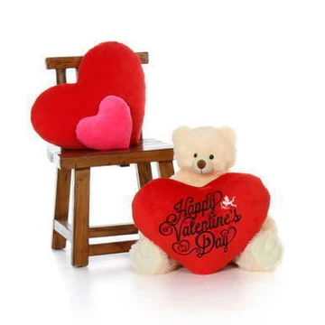 2ft Vanilla Cream Teddy Bear Tiny Tubs with Red Heart Pillow