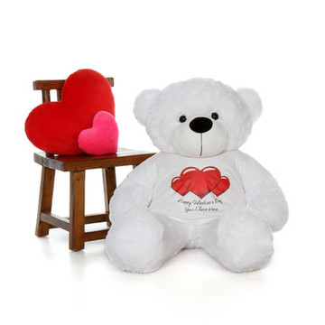 48in Coco Cuddles White Giant Teddy Bear in Red Heart Happy Valentine\'s Day T-Shirt (Choose your message)