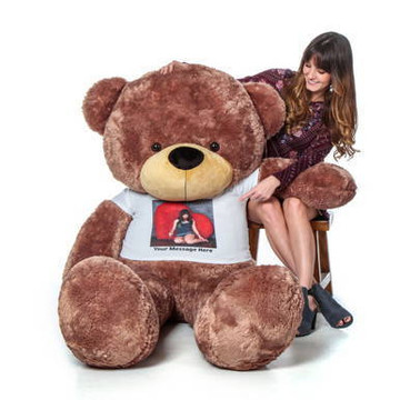 Mocha Brown Giant Teddy Sunny Cuddles with Personalized Photo T-shirt -Giant Teddy Brand