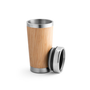 PIETRO. Copo de viagem em aço inox e bambu, térmico com parede dupla isolada a ar, com sistema de abertura deslizante 500 mL