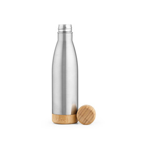 BROMELL 550. Garrafa em aço inox 90% reciclado de parede dupla térmica, isolada a vácuo com tampa em bambu 550 mL