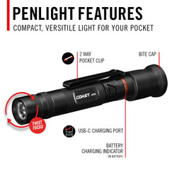 COAST 31105 HP2R – Dual Power Rechargeable Penlight, 280 Lumens, Black – features