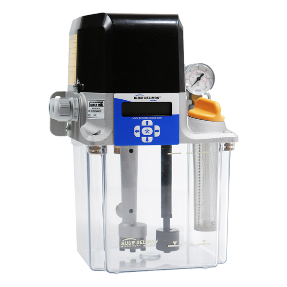 Bijur Delimon SFX2PASNNNAXB | 2 Liter, Plastic Reservoir, SLR Distribution, 20-1500 cSt Oil, Standard Level Monitoring, Pressure switch (N/O) + Pressure gauge, Standard Filler Cap, Terminal block + Momentary Switch + Motor on LED, 2 x cable glands, 200/230 VAC