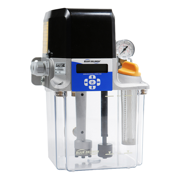 Bijur Delimon SFX2PASNNNCCB | 2 Liter, Plastic Reservoir, SLR, Standard Level Monitoring, Pressure switch (N/O) + Pressure gauge, Standard Filler Cap, Controller Lite Functionality, 2 x M12 power + signal, 24 VDC