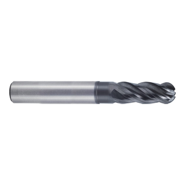 YG-1 UGMH10905 V7 Plus A 4 Flute Multiple Helix Extended Neck Ball Nose Plain Shank End Mill 1/4 x 1/4 x 3/8 x 1-1/8 x 4
