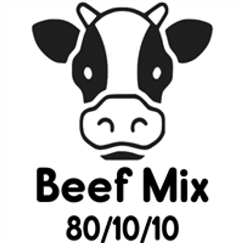 Picture of a cow that says Beef mix 80/10/10 on it