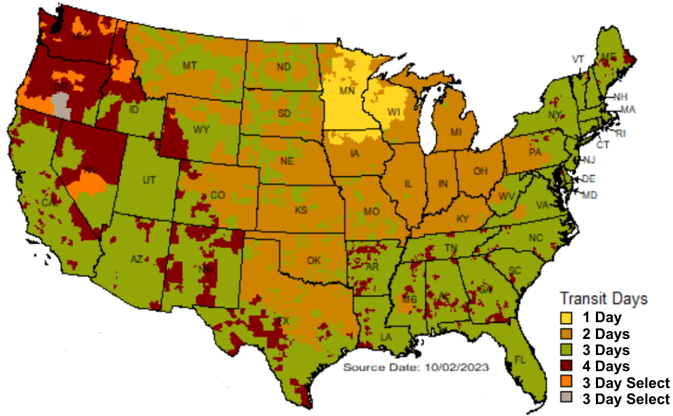 Map of United States showing colors for different numbers of days in transit