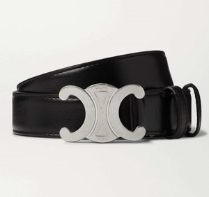 Celine Medium Silver Triomphe Buckle Black Leather Belt