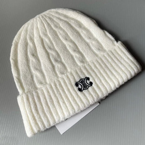 Celine Triomphe Logo Knit Wool Beanie White Hat