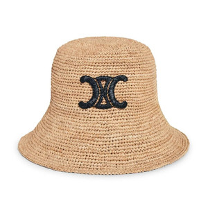Celine Triomphe Bucket Hat in Raffia Straw Beige & Black