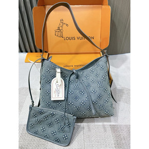 Louis Vuitton CarryAll PM Monogram Denim Shoulder Bag Blue Hobo Purse 12"