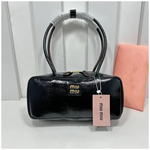 Miu Miu Black Glossy Patent Leather Beau Bag - East-West Luxury Bowling Handbag