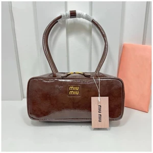Miu Miu Espresso Brown Glossy Patent Leather Beau Bag - East-West Luxury Bowling Handbag