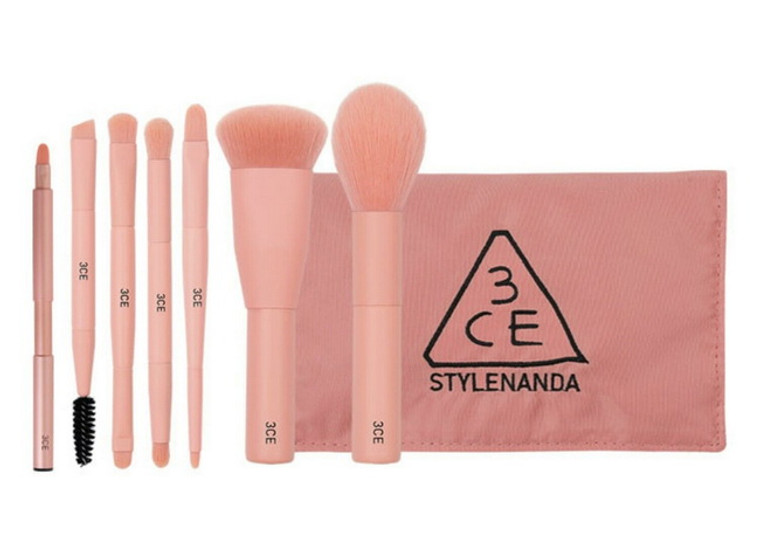 3CE Stylenanda Pink Mini Brush Makeup Tools Brush Kit Pouch Set 7 Pcs