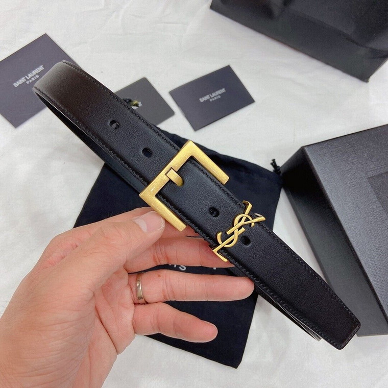 Women's Saint Laurent Ysl Logo Gold Black Leather Belt