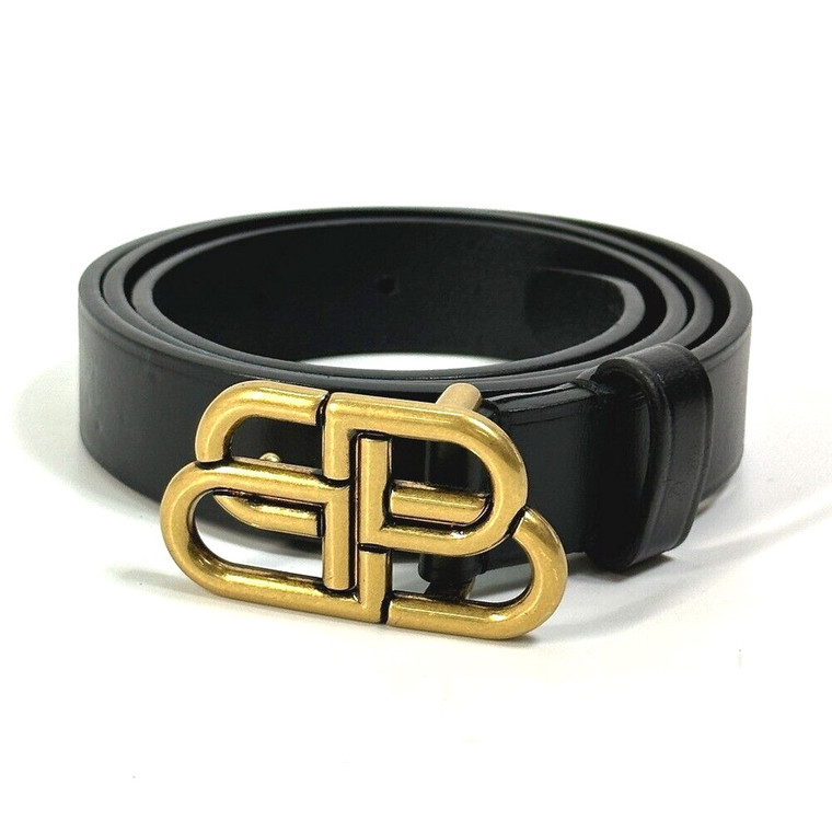 Balenciaga BB Logo Gold Buckle Black Leather Belt