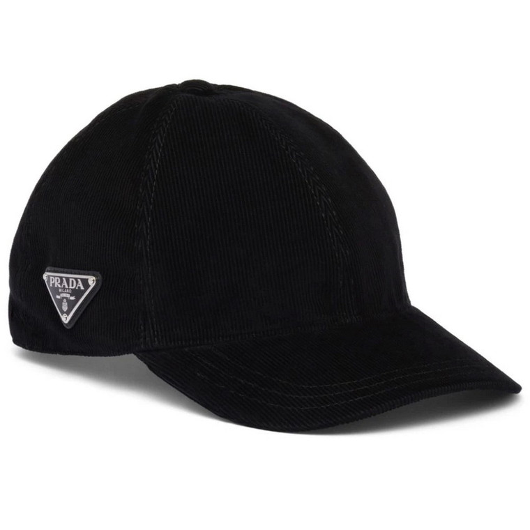 Prada Triangle Logo Corduroy Black Baseball Cap