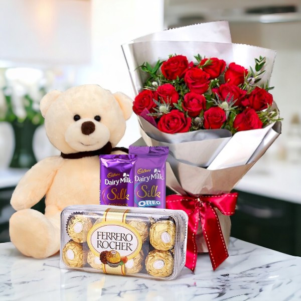 Teddy With Chocolates Rose Bouquet Valentine's Day Gift to Nepal