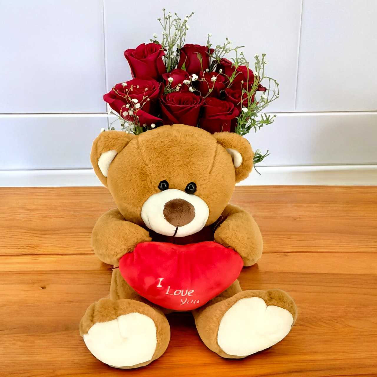 Cute Teddy & Romantic Rose Bouquet Combo