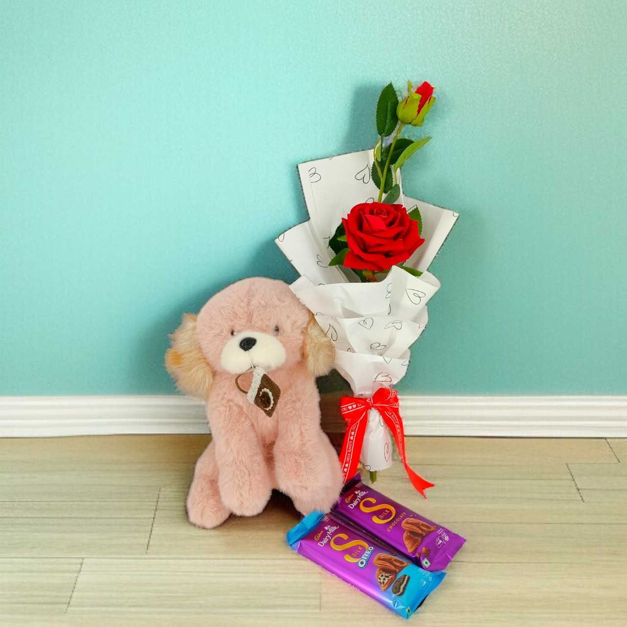 Romantic Artificial Rose, Chocolate & Pink Plush Surprise
