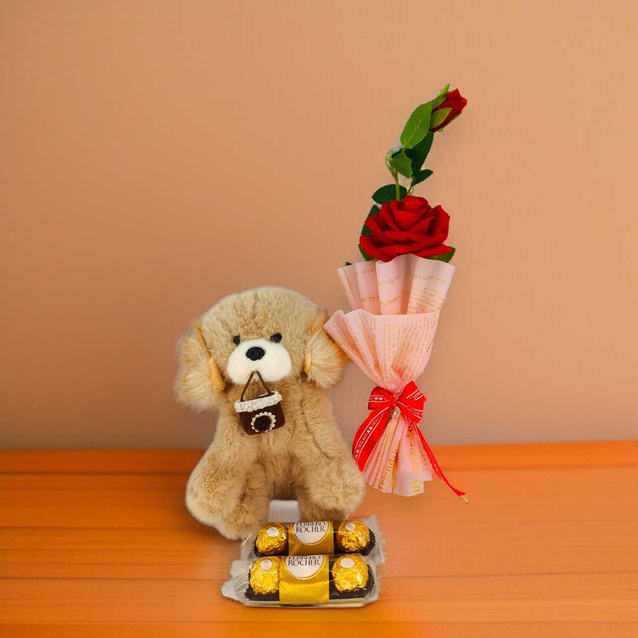 Cute Plush Puppy, Arificial Rose & Treats Combo