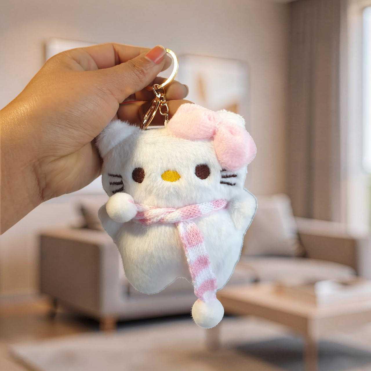 4.3 In. Hello Kitty Plush Keychain with Pink Bow & Striped Scarf