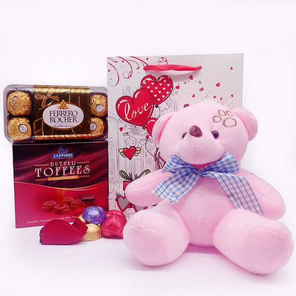 Combo of Chocolates & Pink Teddy Bear in a Bag Valentine's Day Gift to ...