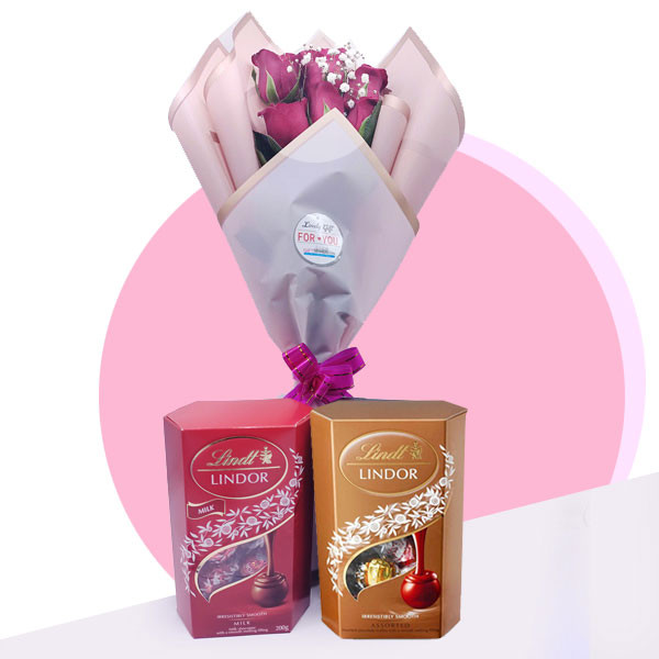 Lindt Lindor Chocolate & Beautiful Red Rose Bouquet Set Valentine's Day ...