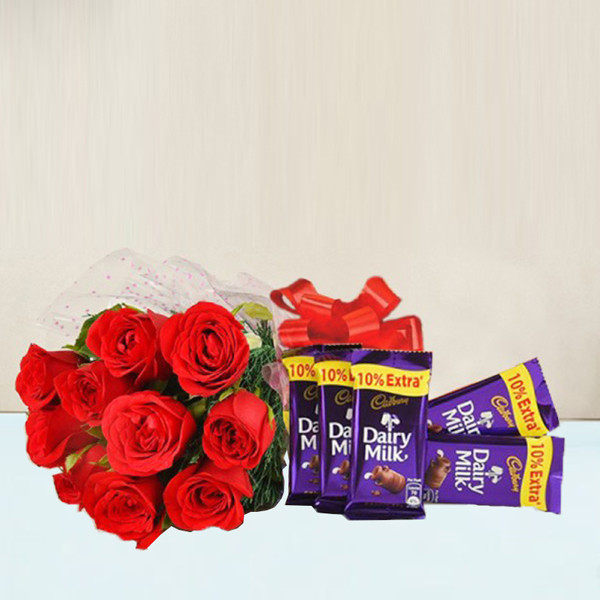 Red Roses Bouquet & Dairy Milk Chocolates Combo Valentine's Day Gift to ...
