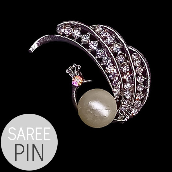 Peacock Design With Pearls Silver Colour Saree Pin Women's