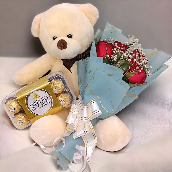 Teddy Gift With Red Roses Bunch & Chocolate Hamper Gift Hampers Gift to ...