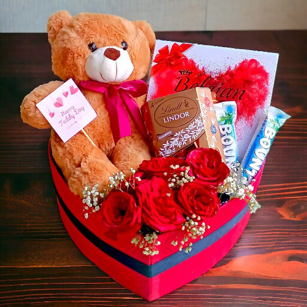 Teddy, Assorted Chocolates & Roses Gift Hampers Gift to Nepal | Giftmandu