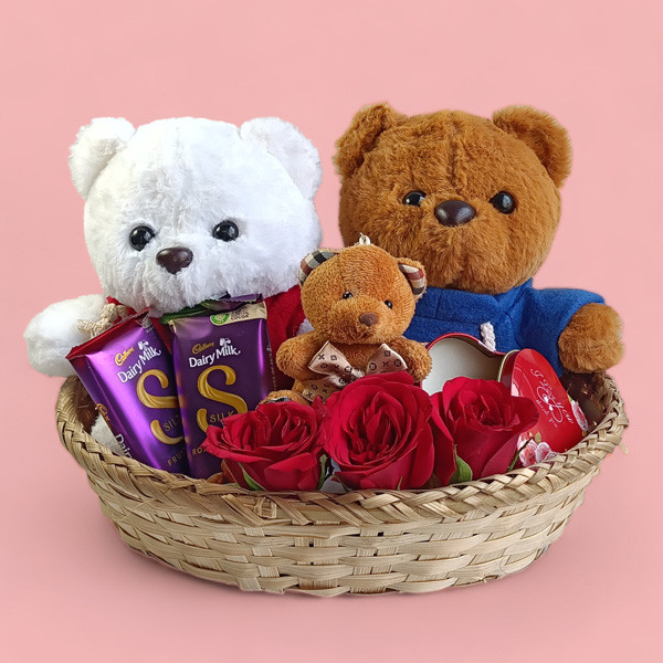 Basket Full Of Teddy, Chocolates ,Roses Candle Valentine's Day