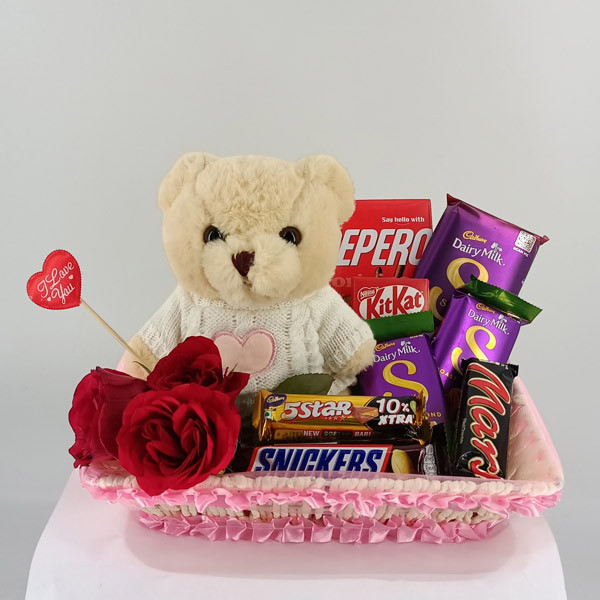 Adorable Teddy with Premium Chocolates in a Basket Valentine's Day Gift ...