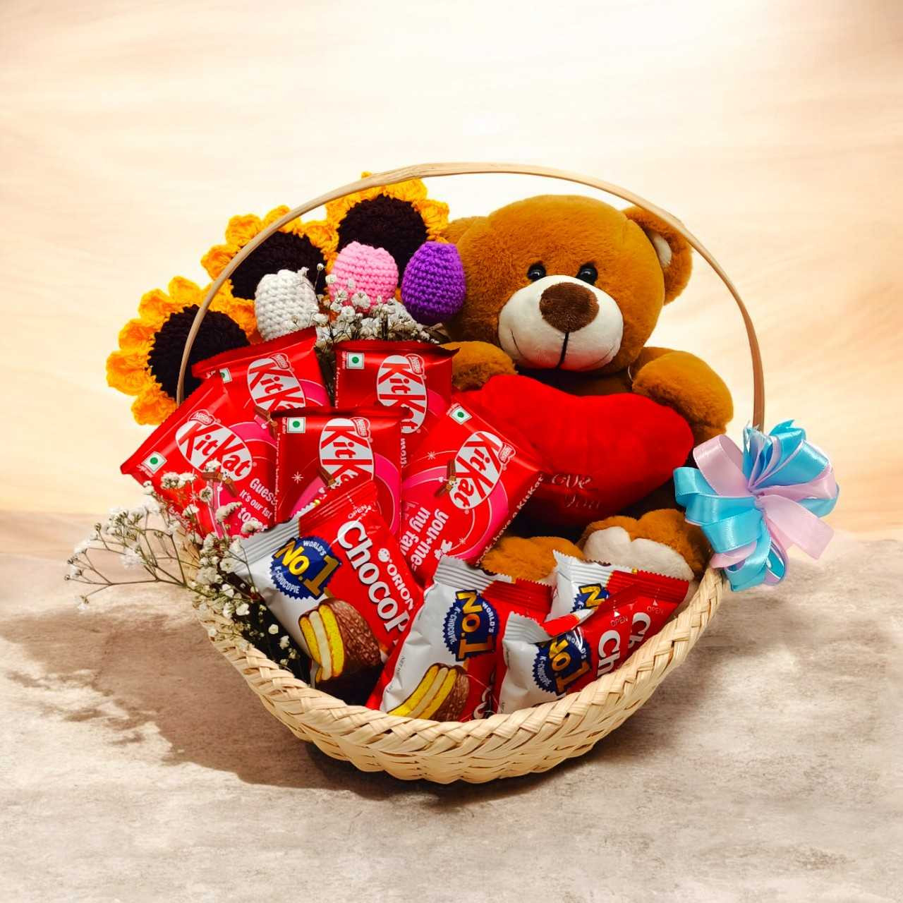 Romantic Teddy & Chocolate Gift Basket with Crochet Flowers