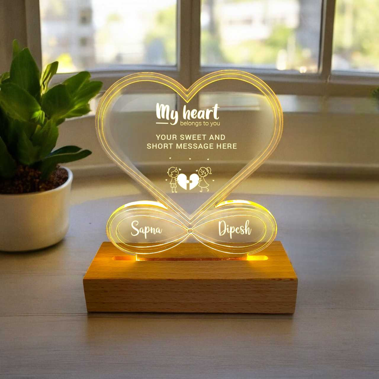 Personalised Small Heart Shaped Acrylic Lamp with Couple’s Name & Short ...