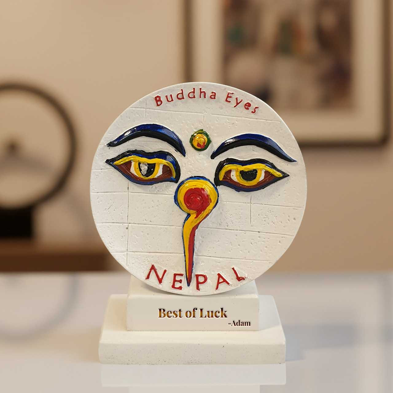 Best of Luck & Name Engraved on Buddha Eyes Souvenir