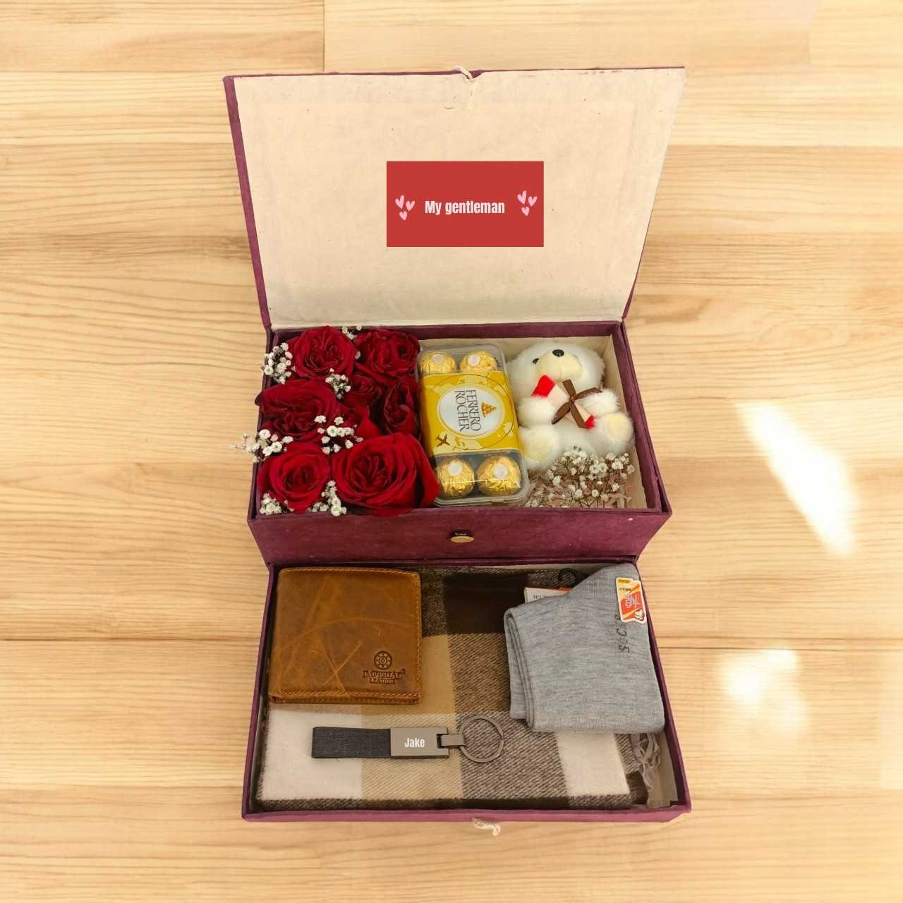 Romantic Gift Hamper For Him With Chocolates, Accessories & Fresh Roses