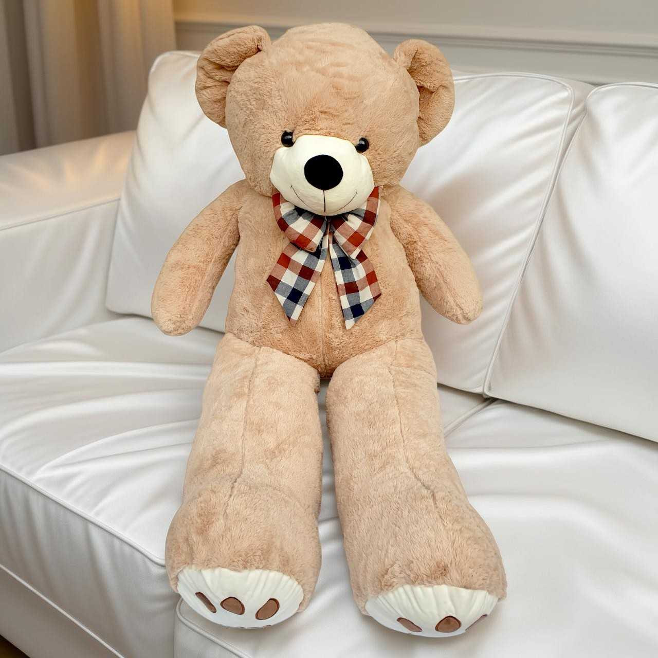 63 In. Giant Light Brown Huggable Teddy Bear with Plaid Bow