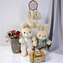 Couple Bunny Gift with Roses, Ferrero Rocher & Dreamcatcher Decor