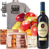 Fruit Basket, Sweet Red Wine, Assorted Mithai and FREE Father's Day T-Shirt