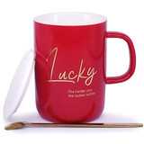 'Lucky' Printed Red Ceramic Mug With Lid & Spoon