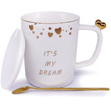 ''It's My Dream'' Printed White Ceramic Mug With Lid & Spoon