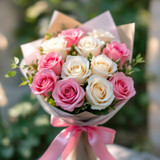 One Dozen Mix Roses Bouquet (White & Pink)