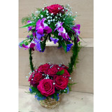 12 Red Rose With Purple Orchid Arranged in Special Basket