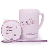 Printed Kitty Design Ceramic Mug With Spoon & Lid (White)