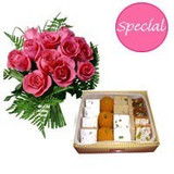 Handtied Long Stem Rose Bouquet and Sweets