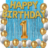 1 Year Birthday Decoration - Birthday Banner, Metallic Golden Silver Balloons, Blue Fringe Curtain, Number 1 Balloon