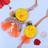 Orange Net Floral Design Bhaiya Bhabhi Rakhi Set