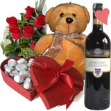 Teddy Bear, Chocolates Box, Roses & Wine